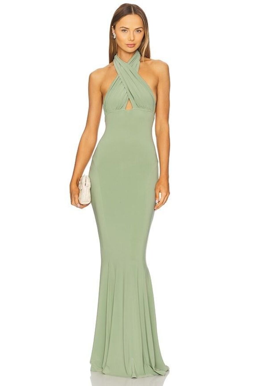 NORMA KAMALI Cross Halter Fishtail Gown in Vintage Green Size Small $395
